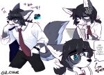  2020 anthro black_bottomwear black_clothing black_hair black_pants blue_eyes bottomwear business_attire canid canine clock clothing computer eyewear fingers fluffy fluffy_tail fox fur glasses grey_body grey_fur hair kemono korean_text laptop male mammal open_mouth pants red_eyes ressue shirt simple_background smile snout solo straw text topwear watch white_background white_clothing white_shirt white_topwear 