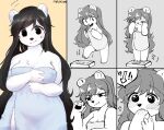  2020 5_fingers anthro big_breasts black_hair blush bodily_fluids breasts cleavage clothed clothing feet female fingers fur hair hi_res kemono long_hair looking_at_viewer mammal nervous ressue scale simple_background snout solo sweat toes towel ursid white_body white_fur yellow_background 