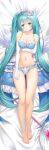  1girl ass_visible_through_thighs barefoot blue_eyes blue_hair blue_panties blush bra breast_lift breasts crown dakimakura_(medium) dress dress_removed elbow_gloves flower frilled_panties frills full_body gloves hatsune_miku highres long_hair lunacle lying medium_breasts navel on_back panties smile solo twintails underwear very_long_hair vocaloid wand white_wings wings 
