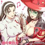  2girls bespectacled bob_cut breasts brown_eyes chinese_clothes choker cleavage crossover dress english_commentary fingerless_gloves fingernails glasses gloves green-tinted_eyewear guilty_gear guilty_gear_strive hair_slicked_back hairband hat heterochromia i-no jacket kagura_chizuru large_breasts lips lipstick long_hair looking_at_viewer makeup microphone microphone_stand mole mole_above_mouth multiple_girls musical_note over-rim_eyewear red_headwear red_jacket red_lips richard_suwono semi-rimless_eyewear short_hair the_king_of_fighters the_king_of_fighters_xv upper_body white_dress white_hairband wide_sleeves witch_hat 
