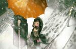  1girl 1other arknights black_jacket black_skirt blonde_hair blue_eyes breasts doctor_(arknights) durin_(arknights) footprints hood hooded_jacket jacket kouka_(mrakano5456) orange_umbrella outdoors skirt sleeves_past_wrists small_breasts snow snowing storm_drain umbrella winter 