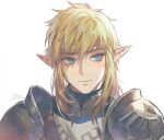  1boy armor blonde_hair blue_eyes closed_mouth earrings expressionless jewelry link lino_chang long_hair looking_at_viewer male_focus pauldrons pointy_ears portrait shoulder_armor sidelocks signature simple_background solo the_legend_of_zelda the_legend_of_zelda:_breath_of_the_wild white_background 