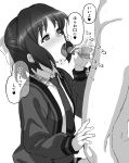  1boy 1girl black_hair blush breasts commentary eyebrows_visible_through_hair greyscale hair_ornament hair_ribbon handjob highres inai_uchi kohinata_miku looking_up monochrome motion_lines necktie open_mouth ribbon school_uniform senki_zesshou_symphogear shiny shiny_hair short_hair simple_background small_breasts speech_bubble speed_lines sweat tongue tongue_out translated upper_body 