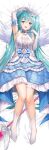  1girl arm_up blue_bow blue_eyes blue_hair bow breasts crown dakimakura_(medium) dress dress_bow elbow_gloves flower frilled_dress frills gloves hatsune_miku highres long_hair lunacle small_breasts solo very_long_hair vocaloid wand white_legwear white_wings wings 