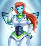  1girl artist_name ass_visible_through_thighs bad_anatomy blue_eyes blue_lips blue_skin breasts buzz_lightyear_of_star_command clenched_hand colored_skin fenrox hand_on_hip highres long_hand medium_breasts mira_nova pointy_ears red_hair simple_background solo spacesuit standing thigh_gap 