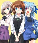  3girls apron aqua_eyes bangs beige_shirt black_hair blue_eyes blue_skirt brown_hair character_request collared_shirt copyright_request crossed_arms expressionless eyebrows_visible_through_hair gradient_hair grey_hair hands_on_hips hands_together highres kuroi_mimei long_hair looking_at_viewer multicolored_hair multiple_girls one_eye_closed open_mouth purple_eyes purple_skirt shirt shirt_tucked_in short_hair skirt smile suspender_skirt suspenders twintails v-shaped_eyebrows very_long_hair white_shirt 