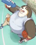  2021 absurd_res anthro ball basketball basketball_(ball) belly bernese_mountain_dog black_body black_fur bodily_fluids bottomwear brown_body brown_fur canid canine canis clothing domestic_dog duo fur hi_res humanoid_hands kemono male mammal molosser mountain_dog noctnoc overweight overweight_male shirt shorts sitting sweat swiss_mountain_dog tongue tongue_out topwear white_body white_fur 