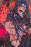  1boy abs angry blood blood_splatter blue_hair bodypaint cape cu_chulainn_(fate)_(all) cu_chulainn_alter_(fate/grand_order) dark_blue_hair dark_persona detached_hood earrings elbow_gloves facepaint fate/grand_order fate_(series) fur-trimmed_cape fur_trim gae_bolg_(fate) gloves highres holding holding_polearm holding_weapon hood hood_up incoming_attack jewelry long_hair male_focus muscular muscular_male navel norinobu open_mouth polearm red_eyes sharp_teeth shirtless solo spiked_hair spikes teeth tongue twitter_username weapon 