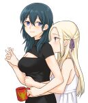  2girls bangs bare_shoulders black_clothes blue_eyes blue_hair blush breasts byleth_(fire_emblem) byleth_(fire_emblem)_(female) cleavage closed_mouth commentary_request cup dress edelgard_von_hresvelg eyebrows_visible_through_hair eyes_visible_through_hair fire_emblem fire_emblem:_three_houses from_side fukuroumori hair_between_eyes hair_ornament hair_ribbon height_difference highres holding holding_cup holding_hands hug hug_from_behind long_hair looking_at_viewer looking_away looking_to_the_side midriff multiple_girls parted_bangs platinum_blonde_hair purple_ribbon ribbon short_sleeves sidelocks simple_background sleeveless sleeveless_dress turtleneck upper_body white_background white_dress yuri 