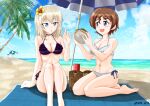  2girls :o akaboshi_koume barefoot basket beach beach_towel beach_umbrella bikini black_bikini black_choker blue_eyes blue_sky breasts brown_hair choker cleavage cloud cloudy_sky eyebrows_visible_through_hair flower food frilled_bikini frills girls_und_panzer giving hair_flower hair_ornament hamburger highres holding holding_food horizon itsumi_erika looking_at_another medium_hair multiple_girls navel nspa_(spa-jcs) ocean open_mouth palm_tree print_bikini short_hair side-tie_bikini silver_hair sitting sky smile swimsuit towel tree twitter_username umbrella wariza white_bikini yellow_flower 