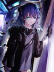  1girl arknights arm_support bangs black_gloves black_jacket blurry blurry_background collarbone demon_girl demon_horns eyebrows_visible_through_hair floating floating_object fur_trim gloves haku_wi halo hand_up highres horns jacket long_hair long_sleeves looking_at_viewer mostima_(arknights) open_mouth purple_hair shirt sidelocks silver_eyes smile solo standing upper_body white_shirt wide_sleeves 