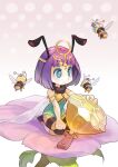  1girl antennae bee bee_girl blue_eyes blush bug commentary_request dress flower full_body fur_collar green_dress honeycomb insect insect_girl insect_wings mistress_(ragnarok_online) open_mouth pink_flower purple_hair ragnarok_online short_hair sitting sleeveless sleeveless_dress socks solo tennohi tiara wariza white_legwear wings 