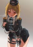  1girl akitaka_takaaki blonde_hair blush breasts dildo girls_frontline heavy_breathing highres large_breasts mp40_(girls_frontline) pussy_juice red_eyes sex_toy short_hair skindentation solo steaming_body sweat thigh_strap 