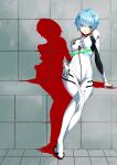  arm_support ayanami_rei bangs blue_hair bodysuit breasts commentary concrete godai_01 grey_background hair_over_eyes hand_on_lap head_tilt highres interface_headset medium_breasts neon_genesis_evangelion open_mouth pilot_suit plugsuit red_eyes shadow short_hair sitting thigh_gap white_bodysuit 