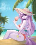  absurd_res anthro beach bikini biped clothing cloud cutie_mark dessert equid equine female fleur_de_lis_(mlp) food friendship_is_magic fur hair hasbro hat headgear headwear hi_res horn horse ice_cream ice_cream_cone mammal my_little_pony outside palm_tree pink_hair plant pony purple_body purple_fur sea seaside sky solo sun_hat sunny swimwear tree u_lu_lu unicorn water 