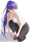  1girl bare_shoulders black_pants blue_eyes blush breasts collarbone fate/grand_order fate_(series) highres k-chitsu kneeling large_breasts long_hair martha_(fate) pants ponytail purple_hair red_footwear shirt shoes sleeveless sleeveless_shirt sneakers solo sweat tank_top tying_shoes very_long_hair white_shirt 