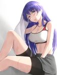  1girl bare_shoulders bike_shorts black_shorts blue_eyes bra breasts cleavage collarbone fate/grand_order fate_(series) highres holding holding_towel k-chitsu large_breasts long_hair looking_at_viewer martha_(fate) midriff necktie purple_hair shorts sitting solo sports_bra sweat towel underwear very_long_hair white_bra 