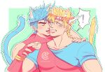  ! 2boys animal_ears artist_name bare_shoulders battle_tendency blonde_hair blue_hair blue_shirt caesar_anthonio_zeppeli cat_boy cat_day cat_ears cat_tail catneylang clenched_teeth closed_eyes collarbone commentary english_commentary extra_ears face_licking facial_mark fang feathers fingerless_gloves gloves green_eyes hair_feathers hand_on_another&#039;s_shoulder hand_up headband highres jojo_no_kimyou_na_bouken joseph_joestar_(young) kemonomimi_mode licking looking_at_another male_focus motion_lines multiple_boys one_eye_closed outline red_gloves screentones shirt short_hair short_sleeves single_strap sleeveless spoken_exclamation_mark surprised symbol_commentary t-shirt tail teeth triangle_print watermark white_outline 