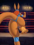  anthro big_butt big_tail bodily_fluids brown_body brown_fur butt camel_toe female fighting_ring fur gobsmacker hair hi_res kangaroo lights long_ears macropod mammal marsupial paws red_hair rubber solo solo_focus sweat sweaty_butt thick_thighs wide_hips 