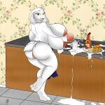  2016 3_toes absurd_res anthro apron badgerben barefoot big_breasts big_butt bodily_fluids boss_monster bovid breast_milking breasts butt butter caprine clothing cornchip21 dairy_products dripping eyebrows eyelashes feet female food fried_egg fur genitals goat hi_res huge_breasts hyper hyper_breasts lactating looking_at_viewer mammal maple_syrup meat milk nipples non-mammal_breasts nude on_one_leg one_leg_up pancake projectile_lactation pussy raised_leg red_eyes sausage solo standing syrup toes toriel undertale video_games white_body white_fur 