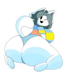  anthro big_breasts big_butt breasts butt canid canine clothed clothing felid feline female hair hi_res mammal mochikirb overweight rear_view simple_background tem temmie_(undertale) topwear undertale video_games white_body 