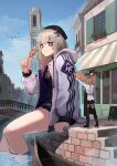  2girls aa-12_(girls_frontline) absurdres ahoge baggy_clothes bags_under_eyes bangs black_headwear black_legwear black_skirt blue_sky boat boots bridge brown_footwear canal chocolate_chip_cookie cookie eating eyewear_on_head food giant giantess girls_frontline gondola hair_ornament hanabusaraleigh hat heart highres holding holding_food hood hooded_jacket jacket kalina_(girls_frontline) knee_boots long_sleeves medium_hair multiple_girls open_clothes open_jacket orange_hair outdoors pleated_skirt shirt side_ponytail sitting skirt sky sleeves_rolled_up star_(symbol) star_hair_ornament sunglasses thighhighs town water watercraft white_jacket white_shirt 