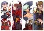  4boys abs aqua_hair armor aura belt blue_eyes blue_hair brown_hair check_commentary cloak commentary_request dark_rance demon_boy glaring hand_on_own_chin highlights highres holding holding_skull holding_sword holding_weapon horns looking_at_viewer looking_to_the_side male_focus mask mouri_motonari_(rance_10) multicolored_hair multiple_boys muscular one_eye_closed pelt ponytail rance_(series) rance_10 red_eyes sharp_teeth sheath shikosour short_hair skull sword teeth topless unsheathing weapon yamamoto_rangi zance_leazus 