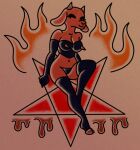  anthro blood bodily_fluids bovid bustier caprine clothing female fire gloves goat handwear hi_res horn judas_and_jesus legwear mammal mary_magdalene pentagram pubes snaxattacks solo stockings tattoo 