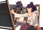  1girl bottle drawing eraser fate/grand_order fate_(series) food fruit hair_bun heroic_spirit_traveling_outfit highres hood hoodie jhc_kai katsushika_hokusai_(fate) lamp orange pencil purple_hair sitting sketchbook tokitarou_(fate) 