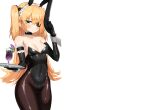  animal_ears blonde_hair blush breasts bunny_ears bunnygirl choker cleavage drink elbow_gloves eyepatch fischl_(genshin_impact) genshin_impact gloves green_eyes headdress leotard long_hair pantyhose skintight twintails w.k waitress white wristwear 