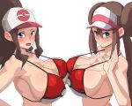  2girls aqua_eyes baseball_cap bikini blue_eyes blush breast_press breasts brown_hair double_bun hair_between_eyes hat hilda_(pokemon) large_breasts long_hair looking_at_viewer multiple_girls nanashi_maru open_mouth pokemon pokemon_(game) pokemon_bw pokemon_bw2 rosa_(pokemon) sidelocks simple_background smile strap_gap swimsuit symmetrical_docking upper_body visor_cap white_background 