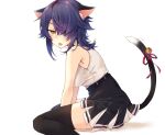  1girl :p animal_ears artist_name bell blush breasts cat_ears cat_tail colored_skin jingle_bell kantai_collection kotobuki_(momoko_factory) large_breasts looking_at_viewer nose purple_hair remodel_(kantai_collection) shirt short_hair simple_background sitting solo tail tenryuu_(kancolle) thighhighs tongue tongue_out watermark white_shirt white_skin yellow_eyes 