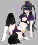  1girl 2021 agawa_ryou black_hair boots breasts dated grey_background hair_over_eyes high_heels long_hair navel original pointy_ears simple_background small_breasts smile solo thighs white_footwear 