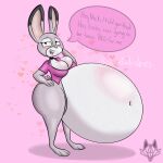  1:1 anthro belly big_belly breasts clothed clothing dialogue disney english_text female hi_res hyper hyper_belly imafetish judy_hopps lagomorph leporid mammal pregnant pregnant_belly pregnant_female rabbit solo speech_bubble text zootopia 