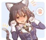  1girl animal_ear_fluff animal_ears black_hair black_neckwear blue_background blush breasts brown_eyes cat_ears cat_girl cat_tail commentary_request fujisaki_yuu gloves haguro_(kancolle) hair_ornament jacket kantai_collection kemonomimi_mode large_breasts looking_at_viewer necktie open_mouth paw_pose purple_jacket remodel_(kantai_collection) shirt short_hair solo spoken_paw tail two-tone_background upper_body wavy_mouth white_background white_shirt 