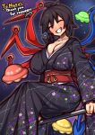  1girl absurdres asymmetrical_wings black_kimono blue_wings breasts cleavage coffeelove68 geta hair_ornament highres houjuu_nue japanese_clothes kanzashi kimono kinchaku large_breasts obi polearm pouch red_wings sash solo tabi touhou trident weapon wings 