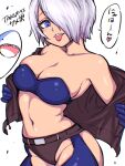  angel_(kof) blue_eyes bra breasts chaps cleavage cropped_jacket gloves hair_over_one_eye highres jacket leather leather_jacket looking_at_viewer mexican navel snk strapless strapless_bra takumi_watanuki the_king_of_fighters the_king_of_fighters_2001 the_king_of_fighters_xiv tongue tongue_out underwear white_hair 