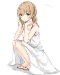  1girl absurdres bangs bare_arms bare_shoulders blush brown_hair collarbone dated dress elbows_on_knees eyebrows_visible_through_hair full_body green_eyes hair_between_eyes hand_in_hair hand_on_own_cheek hand_on_own_face hands_up highres long_hair looking_at_viewer na_kyo original parted_lips sandals sleeveless sleeveless_dress solo squatting white_background white_dress 