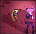  1girl blonde_hair blush cup gen_1_pokemon grin hair_up hand_up holding holding_cup indoors jinx jynx letterboxed long_hair malcontent pantyhose peeking pink_hair pink_legwear pokemon purple_legwear shiny shiny_hair sitting smile striped striped_legwear teen_titans 