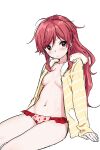  1girl arm_support bikini breasts chigusa_asuha collarbone frilled_bikini frills fur_trim jacket long_hair long_sleeves looking_at_viewer navel no_bra no_pants open_clothes open_jacket qualidea_code red_eyes red_hair sekiya_asami simple_background sitting small_breasts solo stomach striped_jacket swimsuit thighs white_background white_bikini yellow_jacket 