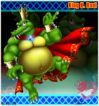  2018 3_toes 4_fingers anthro belly biceps big_belly border bottomless bowser2queen bracelet cape cape_only claws clothed clothing crocodile crocodilian crocodylid crown dated digital_media_(artwork) donkey_kong_(series) fangs featureless_crotch feet finger_claws fingers front_view full-length_portrait green_body green_scales hi_res jewelry king king_k._rool kremling looking_at_viewer male mostly_nude musclegut muscular muscular_anthro muscular_male navel nintendo non-mammal_navel outie_navel overweight overweight_anthro overweight_male pecs portrait quads raised_arm raised_leg reptile royalty scales scalie sharp_teeth signature simple_background smile smiling_at_viewer solo teeth toe_claws toes triceps video_games watermark white_border white_claws 
