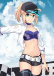  1girl ahoge alternate_costume arm_at_side artoria_pendragon_(all) baseball_cap belt black_headwear black_shorts blonde_hair breasts cloud cloudy_sky collarbone commentary_request cowboy_shot cropped_jacket cross_(crossryou) day fate/grand_order fate_(series) groin hair_through_headwear hat highres holding jacket long_hair long_sleeves looking_at_viewer medium_breasts midriff mysterious_heroine_x_(fate) navel open_clothes open_jacket outdoors race_queen short_shorts shorts sky solo stomach thighhighs white_belt white_jacket 