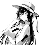  1girl arm_under_breasts bandeau bangs bare_shoulders blush bra breast_hold breasts closed_mouth greyscale hair_ribbon haitekudasai_takamine-san hand_in_hair hand_up hat hat_ribbon hiiragi_yuuichi lace lace_bra large_breasts long_hair looking_at_viewer monochrome ribbon shirt sleeveless solo sun_hat takamine_takane underwear upper_body very_long_hair white_background 
