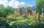  1girl blonde_hair cloud commentary dress english_commentary flower grass joanne_tran long_dress nature outdoors pillar plant ruins scenery sitting stairs the_legend_of_zelda the_legend_of_zelda:_breath_of_the_wild tree very_wide_shot white_dress white_flower 
