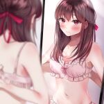  1girl bangs bare_shoulders blurry blurry_foreground blush bow bow_bra bra breasts brown_hair cleavage collarbone depth_of_field eyebrows_visible_through_hair frilled_bra frills groin hair_ribbon highres lace-trimmed_bra lace_trim long_hair looking_at_viewer medium_breasts mirror mole mole_on_breast mole_under_mouth navel original panties pink_bow pink_bra red_ribbon reflection ribbon sakura_(39ra) solo stomach swimsuit underwear 