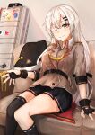  1girl absurdres asymmetrical_legwear bangs belt black_belt black_gloves black_legwear black_skirt brown_jacket closed_mouth commentary commentary_request couch eyebrows_visible_through_hair girls_frontline gloves grey_eyes grey_hair highres jacket jewelry long_hair looking_at_viewer muteppona_hito one_eye_closed partially_fingerless_gloves ring silver_hair sitting skirt smile solo svd_(girls_frontline) thighhighs uniform weapon_case 