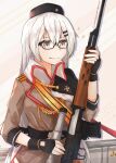  1girl absurdres assault_rifle bangs black_gloves black_headwear brown_jacket closed_mouth commentary commentary_request dragunov_svd eyebrows_visible_through_hair girls_frontline glasses gloves grey_eyes grey_hair gun highres holding holding_weapon jacket long_hair looking_away muteppona_hito partially_fingerless_gloves rifle russian_text silver_hair simple_background smile sniper_rifle solo svd_(girls_frontline) uniform weapon weapon_case 
