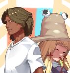  1boy 1girl back-to-back bangs blonde_hair blunt_bangs brown_eyes brown_hair brown_headwear commentary cookie_(touhou) cross cross_necklace dark_sauce dress eyebrows_visible_through_hair go_(inmu) hair_tie hat highres jewelry kaibara_elena_(cookie) long_tongue looking_at_viewer looking_to_the_side manatsu_no_yo_no_inmu medium_hair moriya_suwako necklace open_mouth purple_dress red_eyes shirt smile swept_bangs t-shirt tan tongue tongue_out touhou turtleneck upper_body white_shirt 