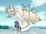  1girl azur_lane black_legwear blurry blurry_background boots cloud cloudy_sky coat command_and_conquer command_and_conquer:_red_alert_2 commentary_request depth_of_field final_fantasy final_fantasy_vii from_behind grey_hair hat kirov_(azur_lane) kirov_airship long_hair mks_daisenpai namesake pantyhose parody sky translation_request very_long_hair 