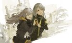  2girls bangs black_jacket black_ribbon black_scarf black_skirt brown_eyes eyebrows_visible_through_hair girls_frontline green_jacket grey_hair hair_ribbon hei_chuan_gui holding_hands jacket long_hair looking_at_another looking_at_viewer multiple_girls official_art open_mouth pantyhose ribbon scarf shirt skirt ump40_(girls_frontline) ump45_(girls_frontline) white_shirt yellow_eyes 